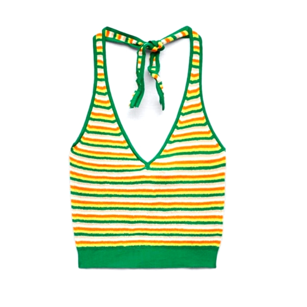 Zara Striped Green and Yellow Knit Halter Top Women's Size Medium NWT